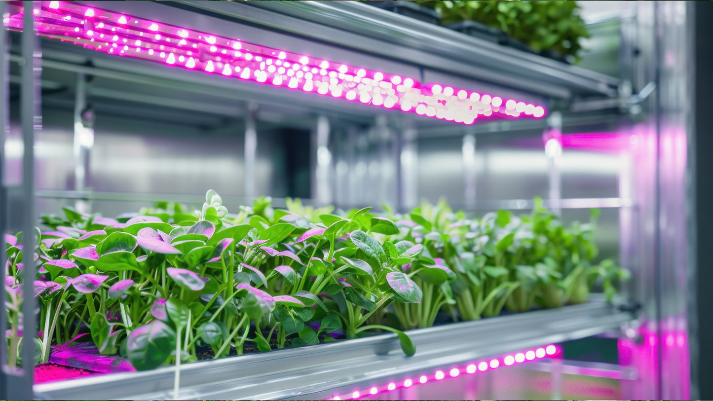 "Grow lights enhancing the growth of leafy greens and herbs indoors"